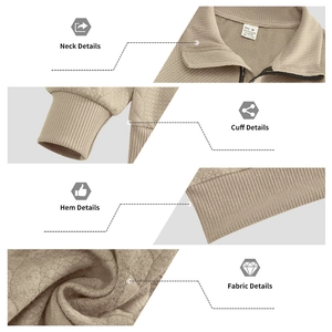 Detail view of beige ribbed texture sweatshirt with zipper collar and fabric composition labels