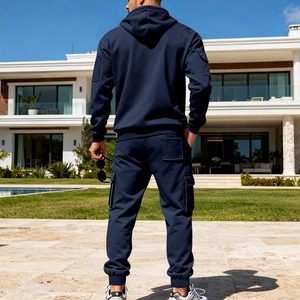 Rear view of navy blue men hoodie and cargo jogger set in a luxury outdoor villa setting