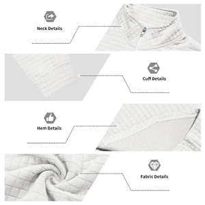 Detailed views of white quilted sweatshirt featuring half-zip collar and ribbed cuffs