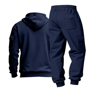 Detail view of navy blue cargo hoodie and matching joggers with utility flap pockets