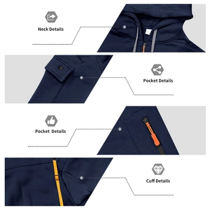 Detailed views of navy blue hoodie featuring ribbed cuffs, snap pockets and orange zippers