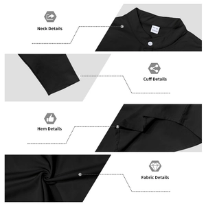 Vues détaillées du col Henley noir avec boutons blancs et texture du tissu en polyester
