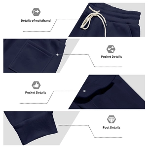 Detail view of navy joggers with drawstring waist, side flap pockets and ribbed cuffs