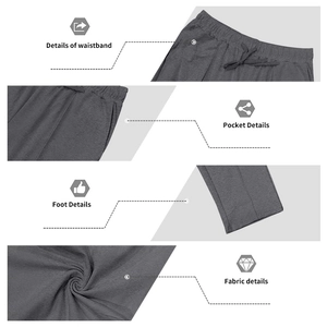 Detailed views of dark grey joggers showing drawstring waist, pockets and knit fabric texture