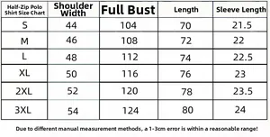 Size chart for men's slim fit quarter-zip polo shirt showing S to 3XL measurements