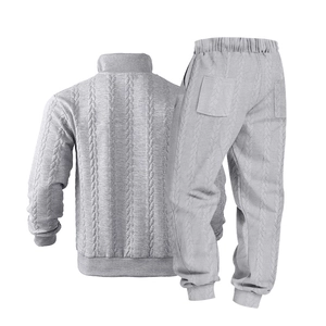 Detailed back view of gray cable-knit men's loungewear set with ribbing details