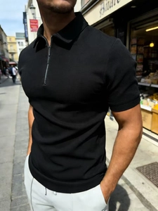 Men Short Sleeve Polo Shirt Zipper Lapel Casual Breathable Polyester Top Outdoor Sport Business Slim Fit Solid Color Summer Male Clothing
