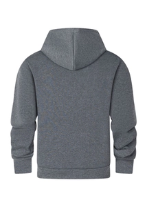 Back view showing dark gray hoodie with knitted texture and ribbed hem and cuffs