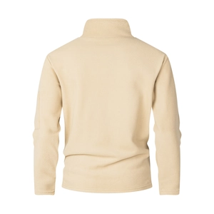 Back view of a beige polar fleece pullover showing high-quality texture and standing collar