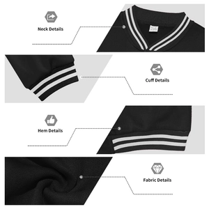 Détails du col en V, des poignets rayés et de l'ourlet d'une veste de baseball pour hommes