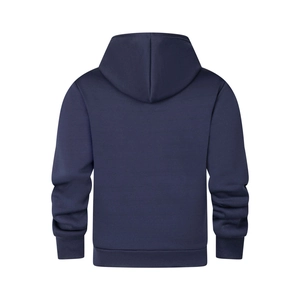 Rear view of navy blue hoodie featuring ribbed cuffs and hem with durable knit fabric