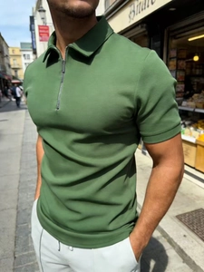 Slim fit olive green short sleeve Polo shirt with quarter zip for men's outdoor casual wear