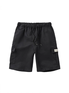 Men's loose black cargo shorts with elastic drawstring waist and side flap pockets