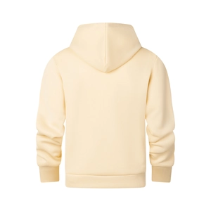 Back view of a premium light beige hoodie showing ribbed cuffs and high-quality fabric