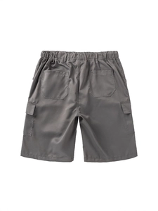 Men's dark grey cargo shorts with elastic waist and back pockets shown from the back