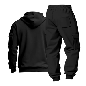 Detailed back view of men's black hooded tracksuit showing cargo pockets and ribbed cuffs