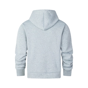 Rear view of light gray marl hoodie showing premium cotton texture and ribbed hem