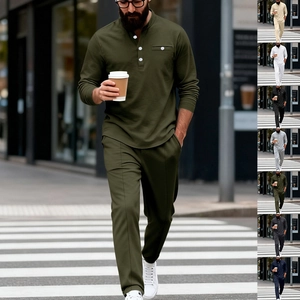 Ensemble décontracté pour hommes avec chemise Henley à manches longues et pantalon droit