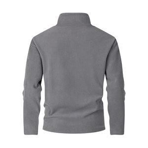 Back view of men's dark grey polar fleece jacket featuring a stand collar and thermal texture