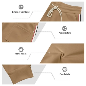 Detail of khaki jogger pants showing drawstring waist, striped pockets, and ribbed cuffs
