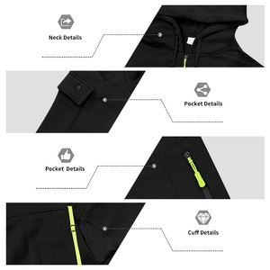 Detailed views of hood neckline, tactical pockets, and ribbed cuffs on black hoodie