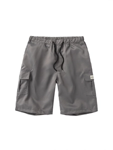 Men's loose cargo shorts in grey with elastic drawstring waist and large side pockets