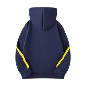 Vue arrière du sweat à capuche bleu marine avec rayures jaunes et poignets côtelés