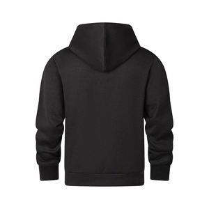 Rear view of a minimalist black hoodie featuring a large hood and ribbed knit hem and cuffs