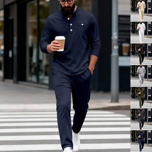 Ensemble chemise Henley et pantalon bleu marine pour homme de style urbain décontracté