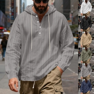 Men's striped linen hooded henley shirt in various colors with a loose fit