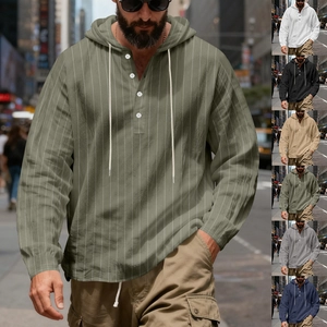 Men's loose linen hooded shirt with vertical stripes and henley collar in army green