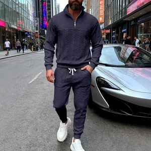 Men's navy casual suit with 1/4 zipper sweatshirt and joggers featuring cable knit texture