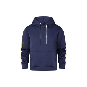 Navy blue hoodie with yellow wave patterned sleeves and a functional kangaroo pocket