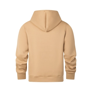 Back view of light brown men's drawstring hoodie with ribbed cuffs and hem