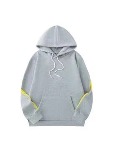 Sweat à capuche gris homme avec poche kangourou et bandes jaunes sur les manches
