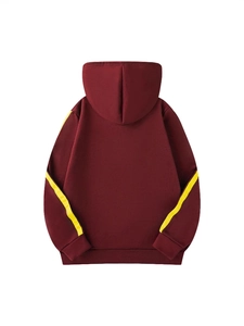 Vue arrière du sweat à capuche bordeaux pour hommes avec rayures jaunes et bords-côtes