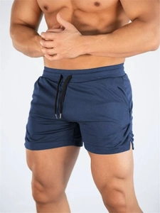 Men's navy blue quick-dry workout shorts with adjustable drawstring and side slits