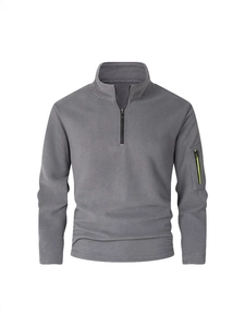 Men's dark grey polar fleece pullover with stand collar and neon yellow zipper detail