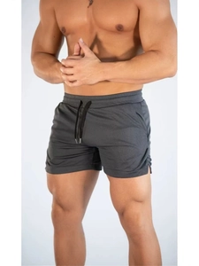 Men's dark grey quick-dry mesh fitness shorts with drawstring and side slits