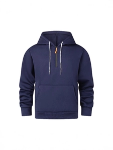 Navy blue men's hoodie with half-zip design, drawstring hood and kangaroo pocket