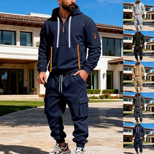 Men's two-piece tracksuit set with half-zip hoodie and multi-pocket cargo pants