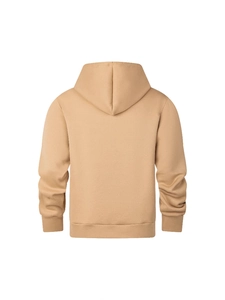 Back view of camel hooded sweatshirt with half-zip and ribbed hem on white background
