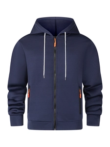 Men's navy blue hoodie with contrast orange zippers and white drawstrings for sports wear