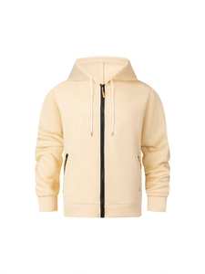 Men's light yellow zip-up hoodie with white drawstrings and orange zipper accents