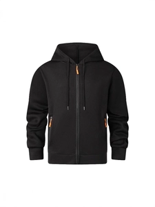 Men's black zip-up hoodie with orange zipper pulls and ribbed hem on white background