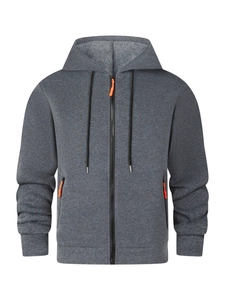 Men's dark grey hooded zip-up sweatshirt with vibrant orange zipper details and fleece lining