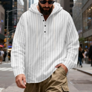 Men's loose linen striped hoodie shirt in white with grey vertical stripes and drawstring