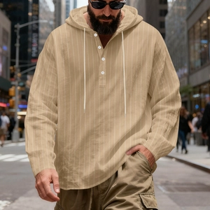 Men's striped linen hooded shirt in khaki beige with drawstring and button neckline