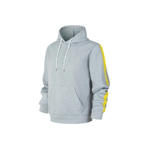 Men's heather grey hoodie with yellow side stripes on sleeves and drawstring hood