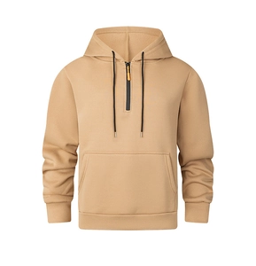Detail of khaki half-zip hoodie with adjustable drawstring hood and large front pocket